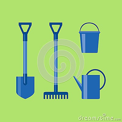 Shovel, rake, bucket and sprinkle for garden. Agricultural set Vector Illustration