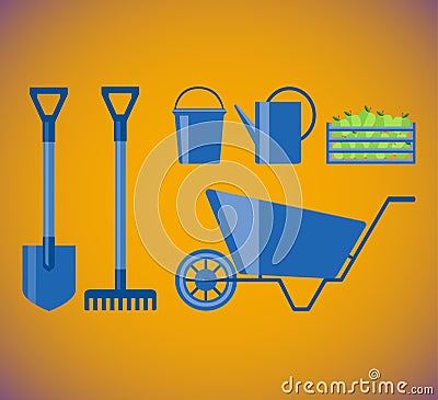 Shovel, rake, bucket, sprinkle and wheelbarrow and wooden box with apples for garden. Set for gardening. Flat vector Vector Illustration