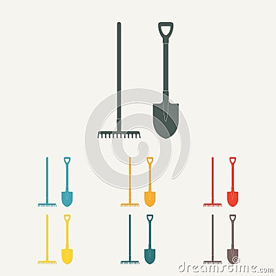 Shovel and rake. Colorful gardening tools. Flat design. Vector illustration. Vector Illustration