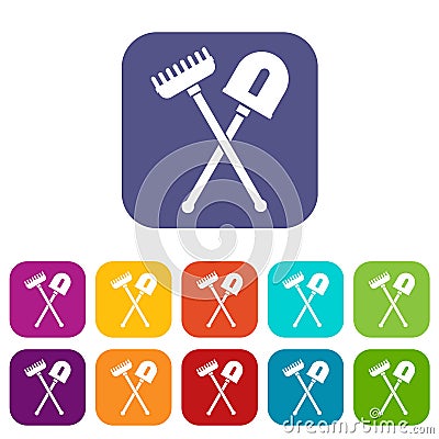 Shovel and rake icons set Vector Illustration