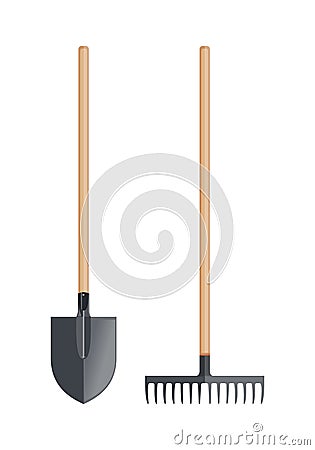 Shovel and rake isolated on white background, agricultural tool Vector Illustration