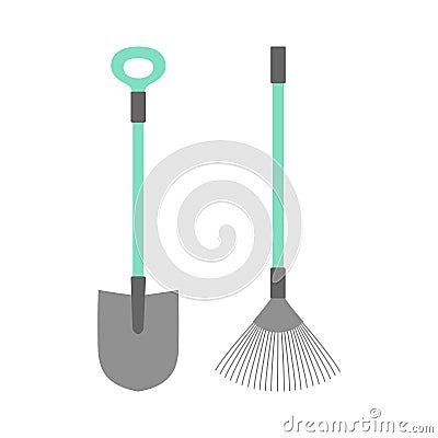 Shovel and rake isolated on white, flat design Vector Illustration