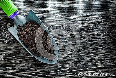 Shovel soil on wooden board gardening concept Stock Photo