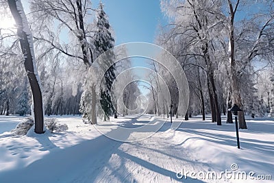 shoveled pathway through a snow-covered park Stock Photo
