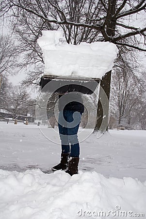 Shoveling Snow Full Load Thrown at Viewer Stock Photo