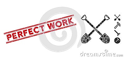 Shovels Mosaic and Scratched Perfect Work Stamp Seal with Lines Vector Illustration