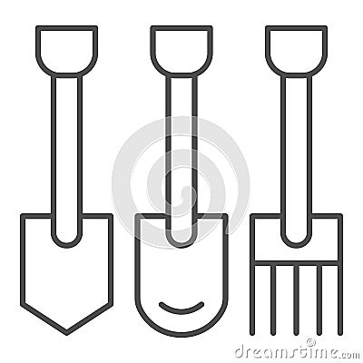 Shovels and pitchforks thin line icon. Farm equipment vector illustration isolated on white. Gardening tools outline Vector Illustration