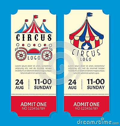 Show circus vertical vintage tickets set. Admit one coupon mention, barcode and text for festival and amusing fairground Vector Illustration