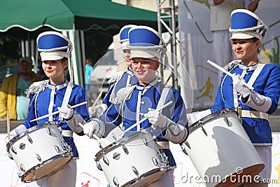 Show-group of drummers in blue uniform of the Royal lancers Editorial Stock Photo