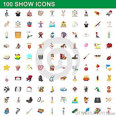 100 show icons set, cartoon style Vector Illustration