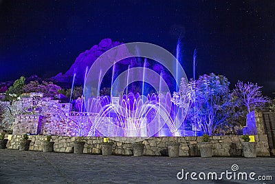 show lights and water funts PEÃ‘A DE BERNAL- is a monolith in the Queretaro state of Mexico Editorial Stock Photo