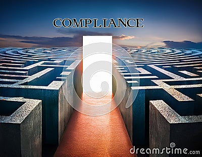 Show a maze with an exit marked 'compliance,' symbolizing navigating complex regulatory frameworks Stock Photo
