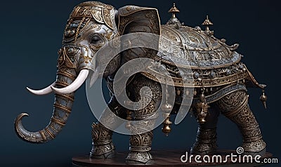 In a show of strength, anthropomorphic elephant marches proudly in military armor. Creating using generative AI tools Stock Photo