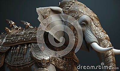 In a show of strength, anthropomorphic elephant marches proudly in military armor. Creating using generative AI tools Stock Photo