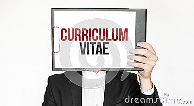 Show wait word on paper shown by business man isolated on white background. Text Curriculum Vitae Stock Photo