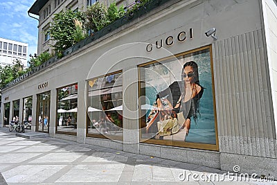 Show window of boutique Gucci with Italian luxury goods. Editorial Stock Photo