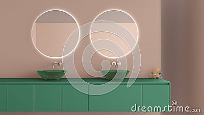 Showcase bathroom interior design close up, washbasin cabinet with two glass sink, round mirror with light and decor in beige and Stock Photo