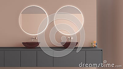 Showcase bathroom interior design close up, washbasin cabinet with two glass sink, round mirror with light and decors in beige and Stock Photo