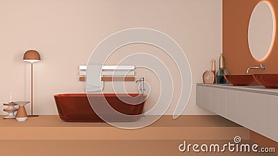 Showcase bathroom interior design in orange and beige tones, glass freestanding bathtub and wash basing. Round mirrors, faucets, Stock Photo