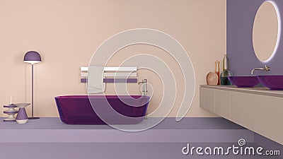 Showcase bathroom interior design in purple and beige tones, glass freestanding bathtub and wash basing. Round mirrors, faucets, Stock Photo