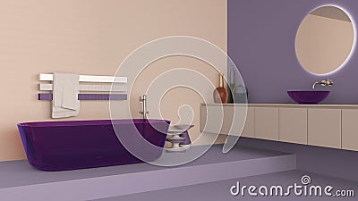 Showcase bathroom interior design in purple and beige tones, glass freestanding bathtub and wash basing. Round mirrors, faucets, Stock Photo