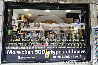 Showcase of a beer and liqueur store in Bruges, Belgium Editorial Stock Photo