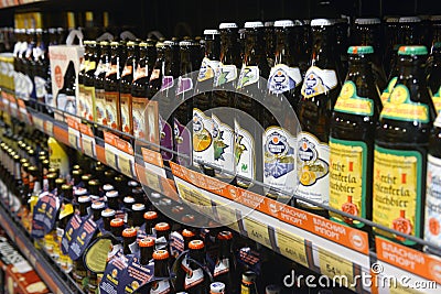 Showcase of beer products in the supe Editorial Stock Photo