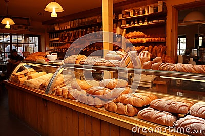 Showcase with bread and buns in bakery. Generative AI Stock Photo