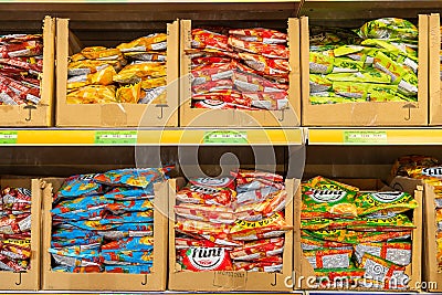 Showcase with croutons for beer. Goods in the supermarket. June 15, 2022 Balti Moldova. Editorial Stock Photo