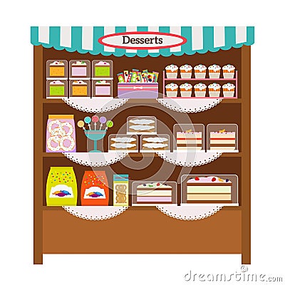 Showcase with desserts Vector Illustration