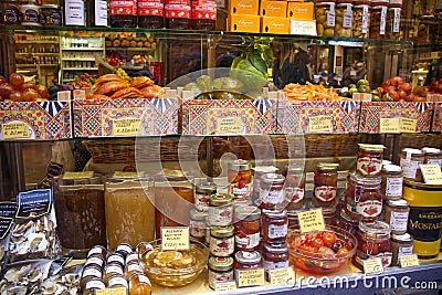 Showcase with different Italian Christmas gourmet food. Shop window of Christmas delicacies Editorial Stock Photo