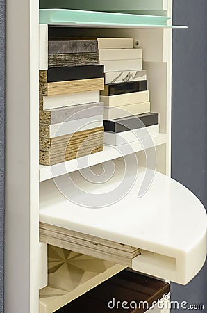 Showcase for display samples for furniture production in a hardware store or furniture showroom Stock Photo