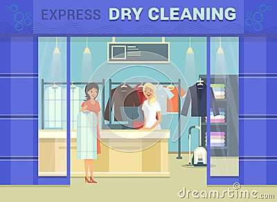 Showcase of dry cleaning store with cloth Vector Illustration