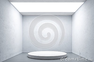 Showcase with Empty Space On Pedestal Near White Walls In Art Gallery. 3d rendering. Minimalism Concept. Art Exhibition Stock Photo