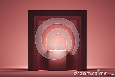 Showcase with empty space on pedestal on pink square background. 3d rendering. Stock Photo