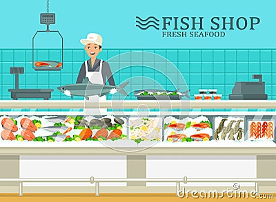 The showcase at fish store with seller Vector Illustration