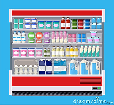 Showcase fridge for cooling dairy products. Vector Illustration