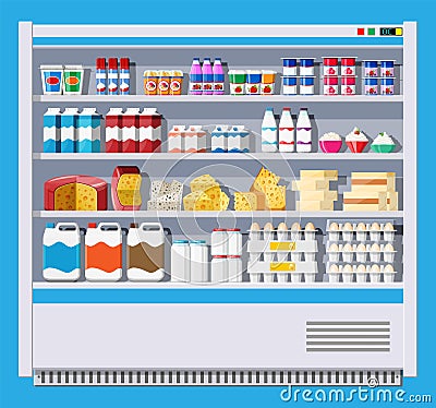 Showcase fridge with dairy products. Vector Illustration