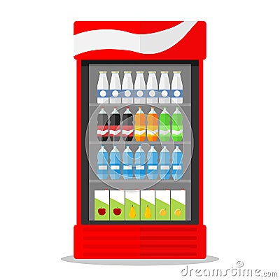 Showcase fridge with milk and juice Cartoon Illustration