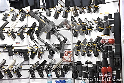 Showcase of a gun shop in Istanbul at a weapons store on the Galata Bridge. Editorial Stock Photo