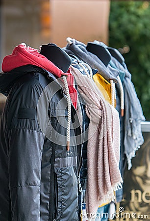 Showcase with jackets for the winter Stock Photo