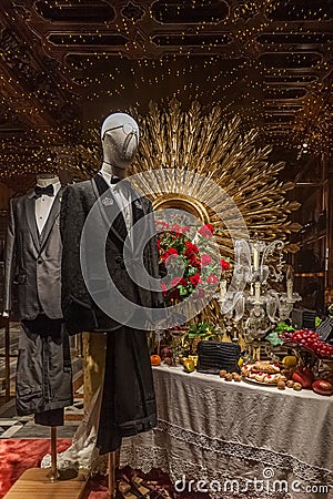 Showcase of luxury boutiques with gala men's clothing on display, Venice, Italy Editorial Stock Photo