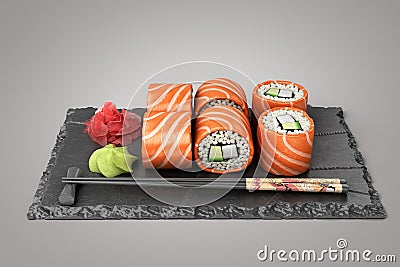 Showcase product presentation rolls set on a black stone plate 3d render on grey gradient Stock Photo