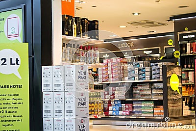 Showcase and shelves of the Duty free Arrivals store Editorial Stock Photo