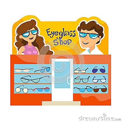 Showcase of a shop selling glasses. Banner with beautiful and happy people in sunglasses Vector Illustration