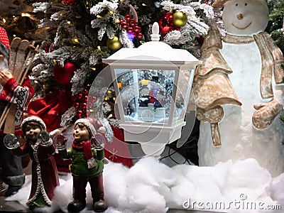 Showcase of toy shop decorated for Christmas Stock Photo