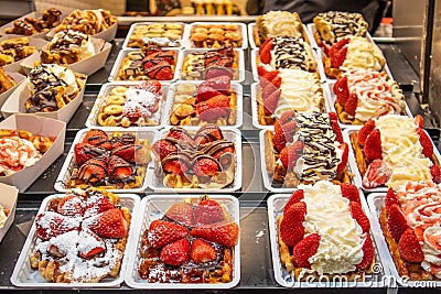 Showcase with Traditional Belgian waffels in Bruges, Belgian Stock Photo