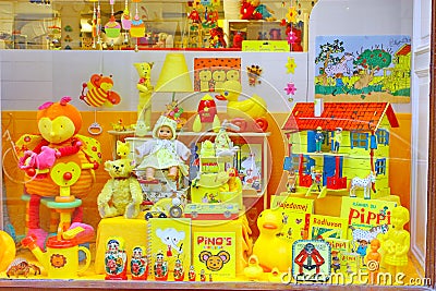 Showcase of the Yellow Toys shop in Stockholm Editorial Stock Photo