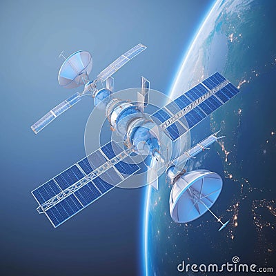 showcases space orbital satellite in aerospace theme Detailed 3D rendering Stock Photo