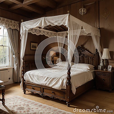 Furnished bedroom within former victorian rectory with ornate carved four poster bed and matching period sideboard drawers, chaise Stock Photo